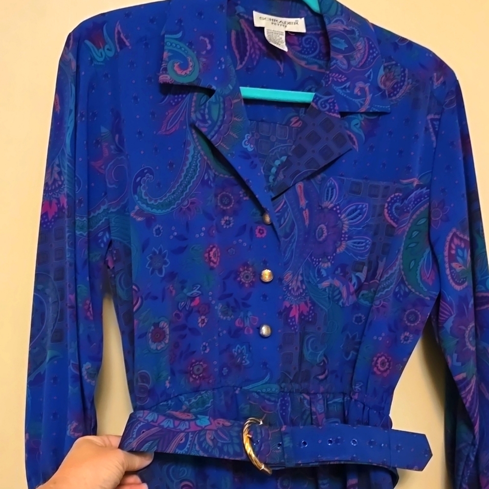 Vintage Abe Schrader Dress Pleated Paisley Blue/Hot Pink/Green/Purple Midi 12-14